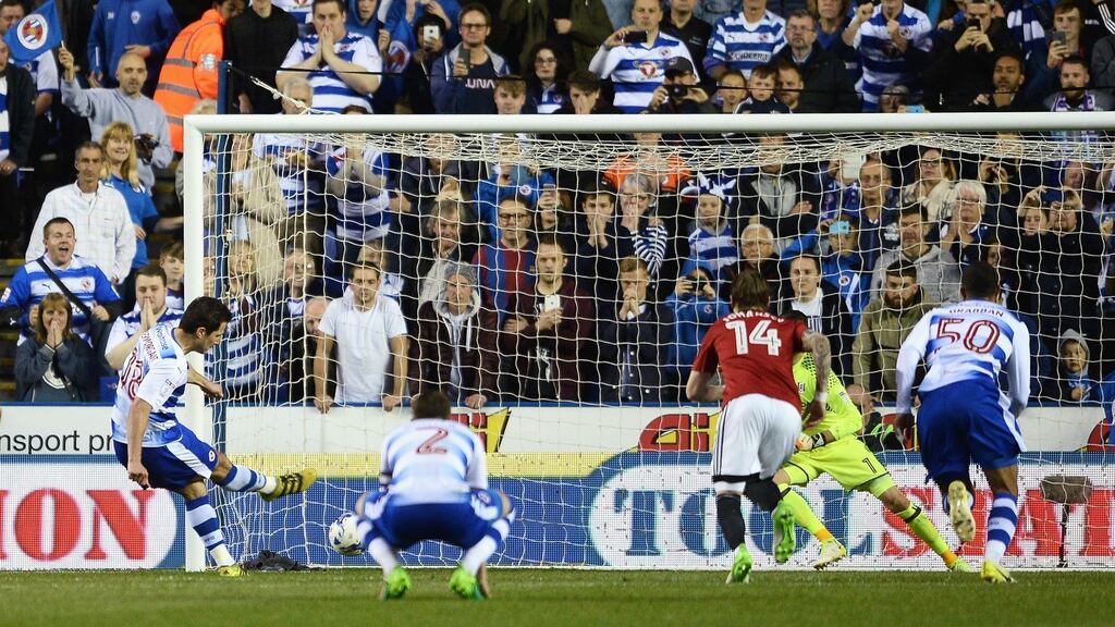Yann Kermorgant of Reading scores a penalty to beat Reading in the Championship play off second leg. Photo: Harry Trump/Getty Images