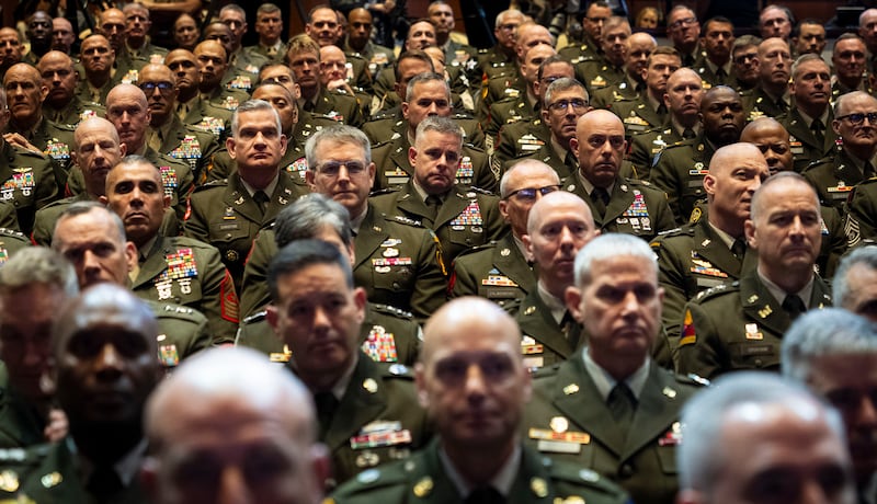 Hundreds of US generals and admirals normally stationed around the world listen as US president Donald Trump delivers remarks at the Marine Corps base in Quantico, Virginia, on Tuesday. Military officials and historians say the gathering, at which defense secretary Pete Hegseth also spoke, is without precedent in size and scope. Photograph: Doug Mills/The New York Times
                      