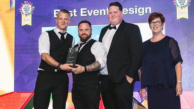 Dr. Theresa Ryan, Lecturer & Researcher, School of Hospitality Management and Tourism, Dublin Institute of Technology presents the Best Event Design award to Tommie Ryan, Jamie Roche & John Grubb, EveryEvent.
