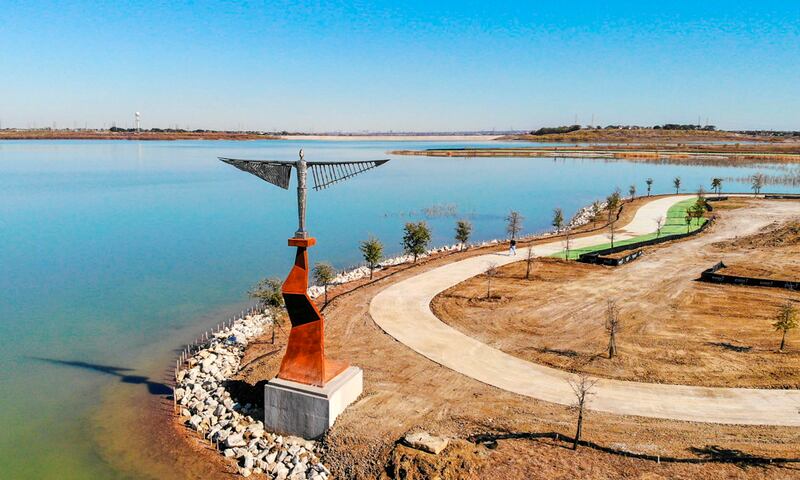 Ronan Halpin's Icarus now stands on the side of an artificial lake in sun-scorched Texas