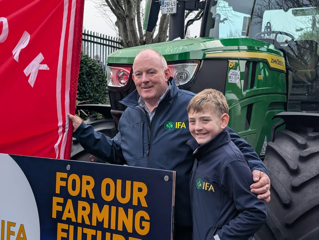 The president of the Irish Farmers' Association Francie Gorman and his 11-year-old son Tom at the Irish Farm Centre in Dublin, before they set off on a journey to Brussels by tractor as part of a Europe-wide protest. Photograph: Cillian Sherlock/PA Wire