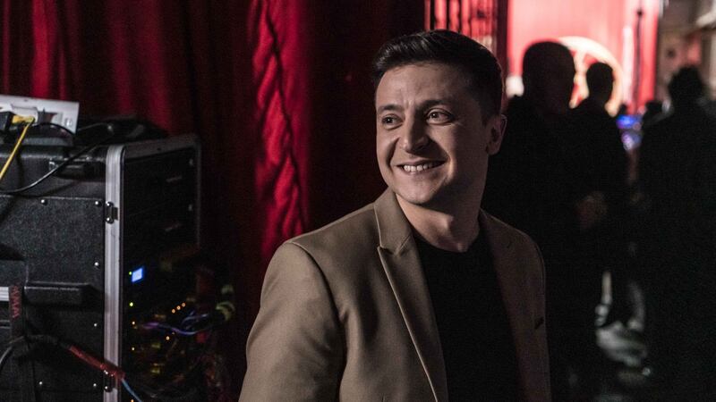 Ukrainian presidential candidate Volodymyr Zelenskiy backstage during the filming of his comedy show Liga Smeha (League of Laughter) in Kiev. Photograph: Brendan Hoffman/Getty Images