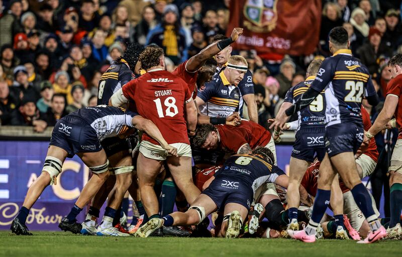 Lions captain Maro Itoje celebrates as Josh van der Flier scores their fifth try. Photograph: Dan Sheridan/Inpho