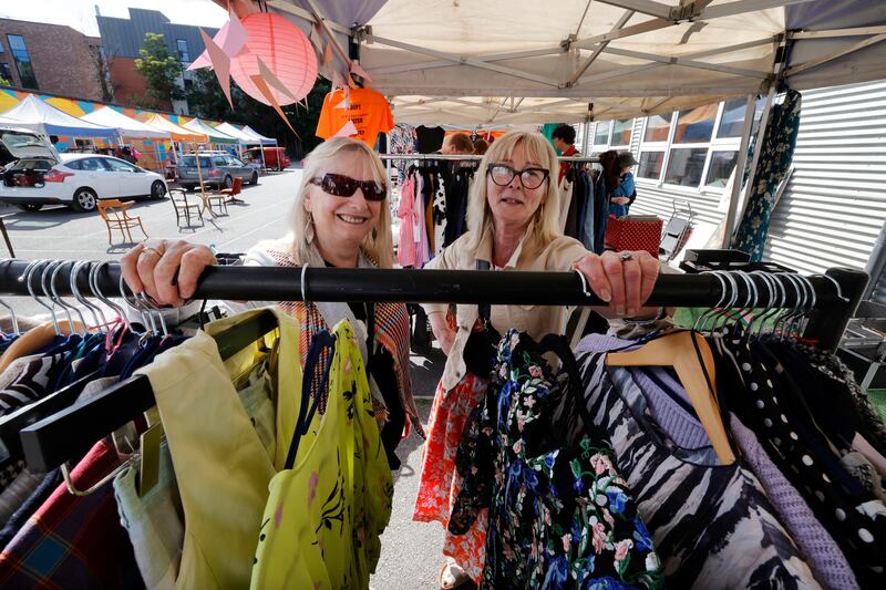 Dee Coogan and Celina Anderson run a stall together at the Zeitgeist market at the Educate Together National School on Fitzwilliam Place North Lower. Photograph: Alan Betson