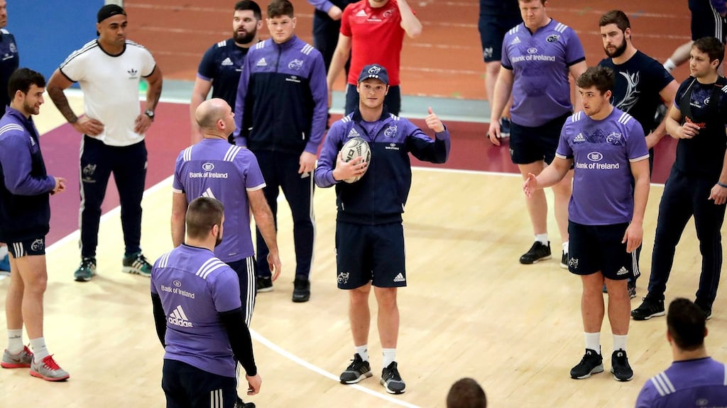 Munster captain Tyler Blyendaal talks to his teammates during training this week. Photograph: Morgan Treacy/Inpho