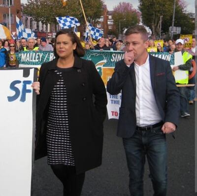 Sinn Féin leader Mary Lou McDonald and Jonathan Dowdall taking part in a rally in Dublin