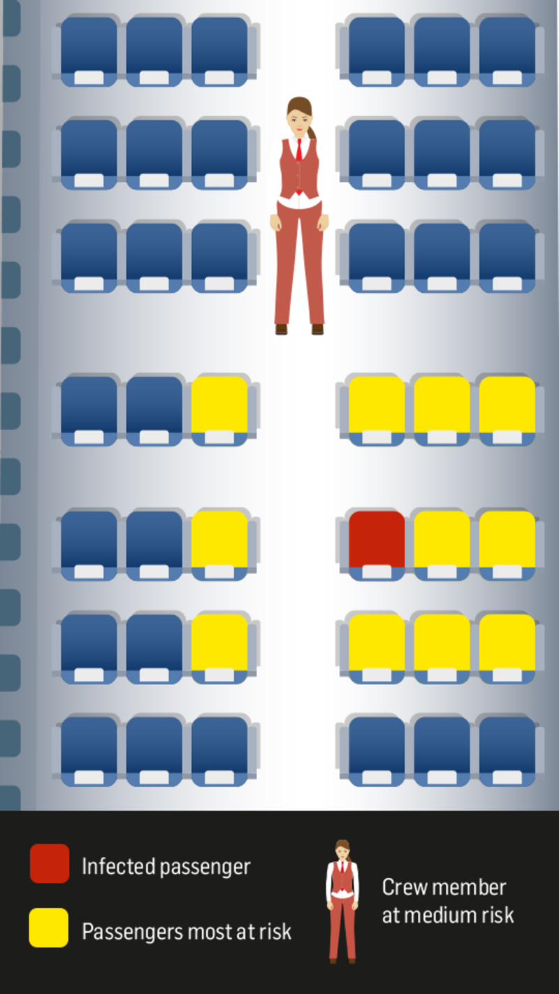 This shows the probability of a passenger infecting other passengers and crew members. In this example, passengers seated within a one-metre radius are at highest risk, followed by crew members. Nonseatmates in window seats have the least risk of infection from this passenger