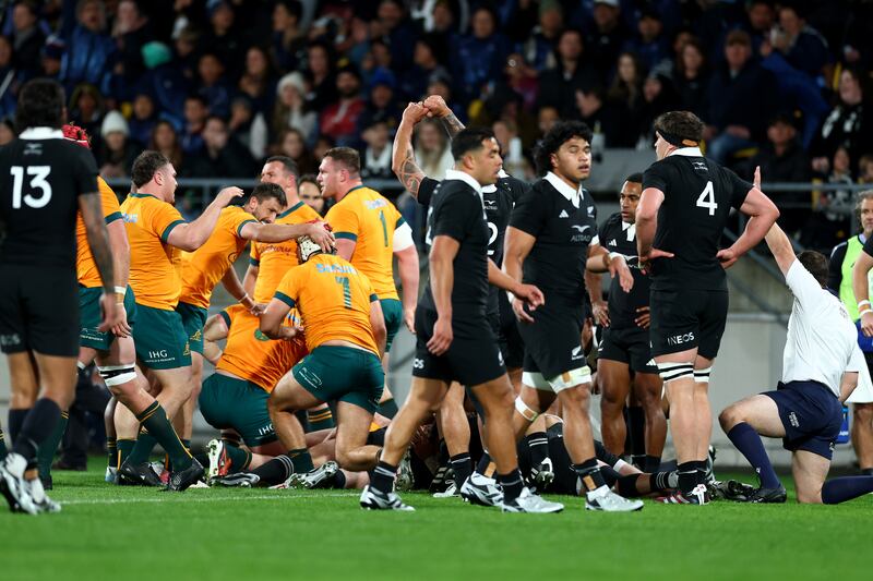 Australia celebrate a try scored by Fraser McReight during the Rugby Championship match against New Zealand. Photograph: Phil Walter/Getty Images