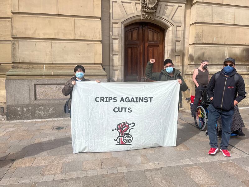 Protesters in Birmingham city centre who were angry at UK government disability benefit cuts. Photograph: Mark Paul