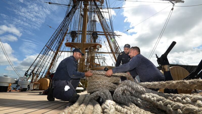 Crew members at work on the Amerigo Vespucci. Photograph: Dara Mac Dónaill