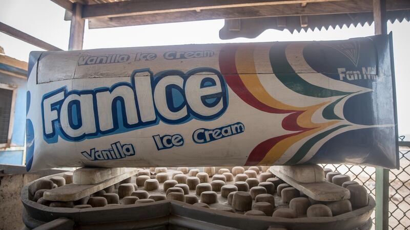 An ice-cream-shaped coffin at Erico Workshop Production in Accra, Ghana. Photograph: Sally Hayden