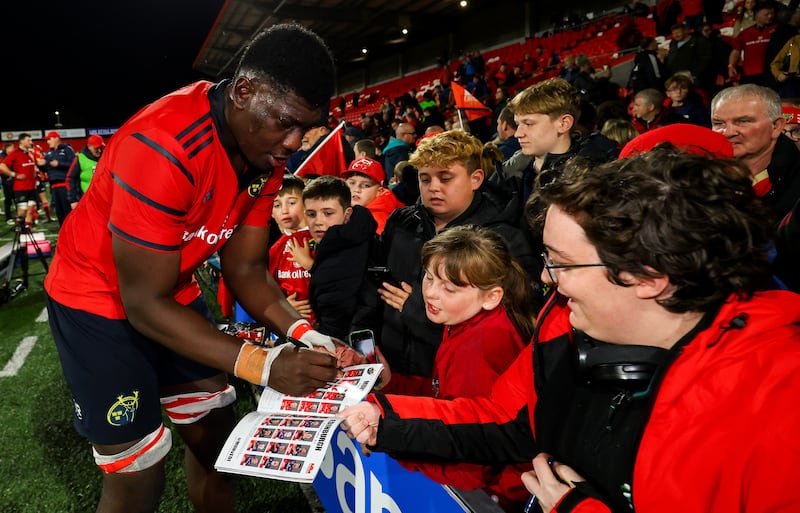 Munster's Edwin Edogbo with young fans after the match. Photograph: Tom O’Hanlon/Inpho