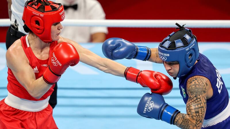 Ireland’s Kellie Harrington in action against Beatriz Ferreira  of Brazil during the gold medal bout. Photograph: Bryan Keane/Inpho