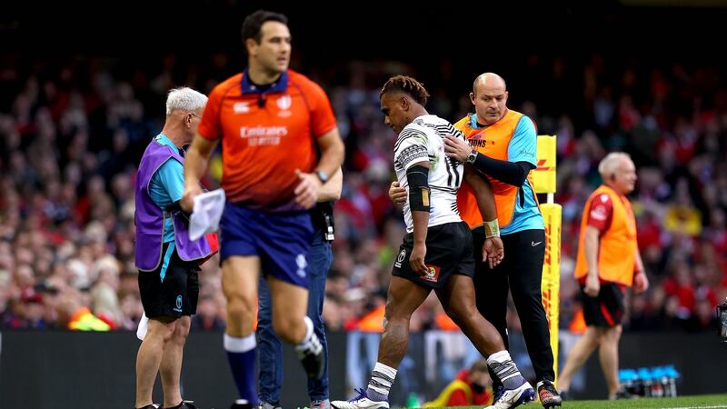 Rory Best consoles Eroni Sau after his red card in Cardiff. Photograph: Ryan Byrne/Inpho