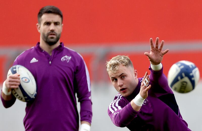 Craig Casey and Conor Murray, left, during Munster squad training. Murray brought more composure and offered a more balanced foil for Jack Crowley when he came on for Casey in Durban. Photograph: James Crombie/Inpho

