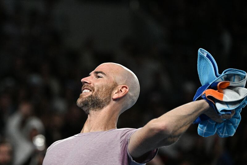 France's Adrian Mannarino celebrates. Photograph: Anthony Wallace/AFP via Getty