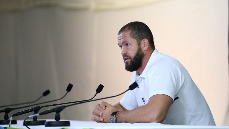 Andy Farrell, then England backs coach, faces the media at  Pennyhill Park during the 2015 World Cup. Photograph:  David Rogers/Getty Images