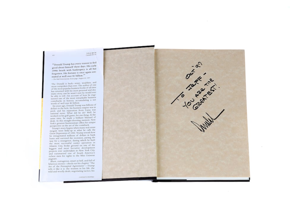 A photo of an inscription in a copy of Donald Trump’s book “Trump: The Art of the Comeback” that belonged to Jeffrey Epstein. Photograph: Alessandra Montalto/The New York Times