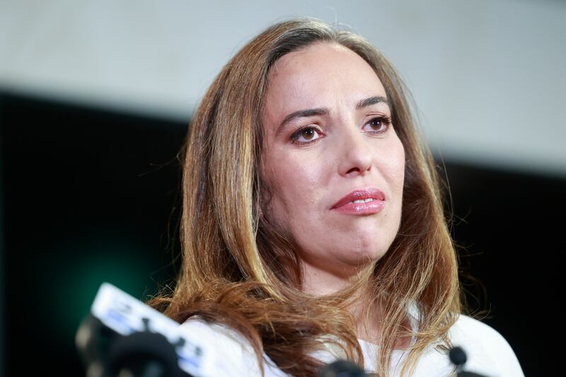 Stella Assange, wife of WikiLeaks founder Julian Assange, speaks to the media during a press conference in Canberra. Photograph: Hilary Wardhaugh/PA Wire 