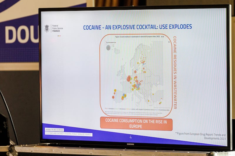 A screen shown by authorities after another cocaine seizure in Antwerp in July. Photograph: Olivier Matthys/EPA/Shutterstock