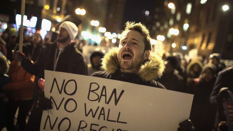 Demonstrators in Chicago protest against US president Donald Trump’s executive order  imposing  a  ban on travel from seven Muslim-majority countries to the US. Photograph:  Scott Olson/Getty Images