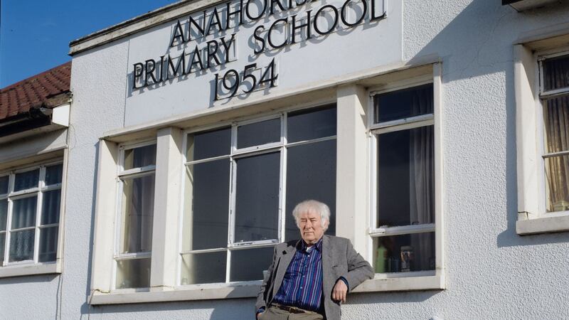 Seamus Heaney at his old primary school at  Anahorish, Bellaghy, Co Derry, the school being an inspiration  for his eponymous  poem Anohorish. Photograph: Bobbie Hanvey Photographic Archives/John J Burns Library/Boston College.