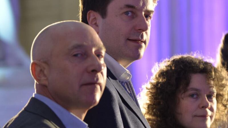 Director of Sky Arts James Hunt, artistic director of Opera Theatre Company Fergus Shiels, and Rough Magic artistic director Lynne Parker.  Photograph: Alan Betson