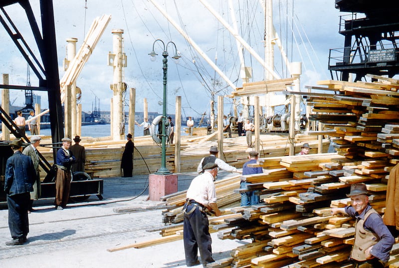 Recently delivered timber is stacked up along the docks. Photograph: Dublin Port Archive
