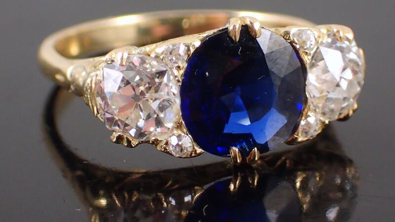 The auction at John Weldon’s in Cow’s Lane, Dublin, includes a sapphire and diamond ring (sapphire 2.30 ct) – estimate:  €8,500-€9,500.