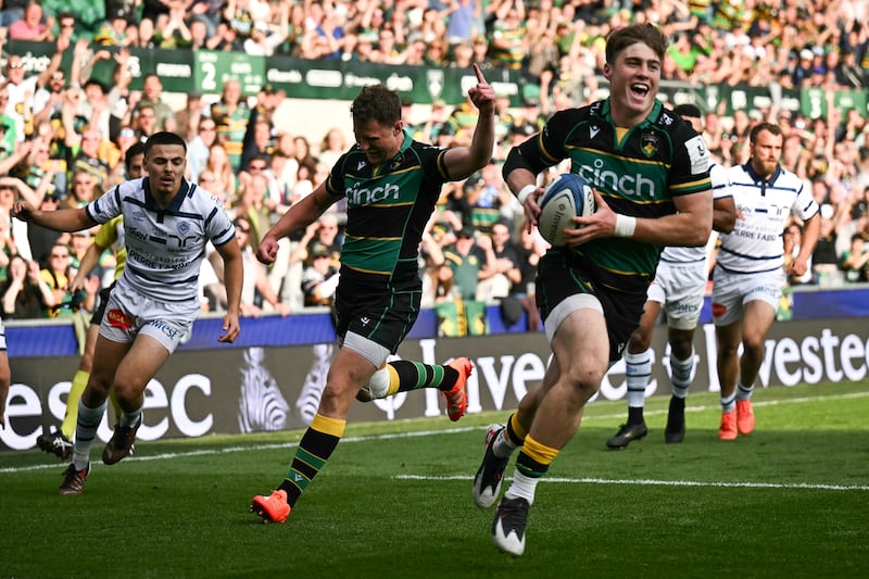 Northampton Saints' Tommy Freeman celebrates after scoring a try during the European Rugby Champions Cup quarter-final against Castres at Franklin's Gardens Stadium, in Northampton, on April 12th, 2025. Photograph: Ben Stansall/AFP via Getty Images