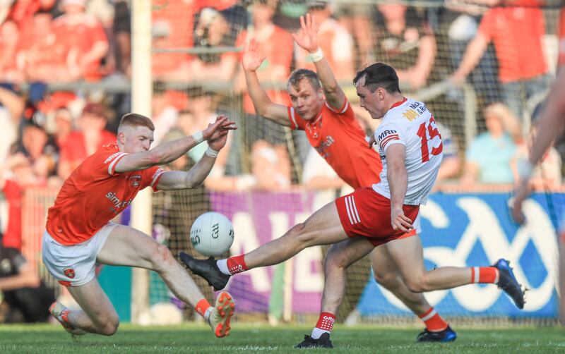 Tyrone's Darragh Canavan scores a point during the game against Armagh. Photograph: Evan Treacy/Inpho