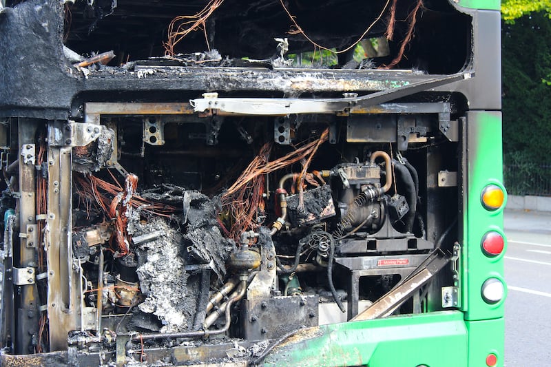 Rear of the Dublin Bus caught on fire in Donnybrook. Photo Hugh Dooley