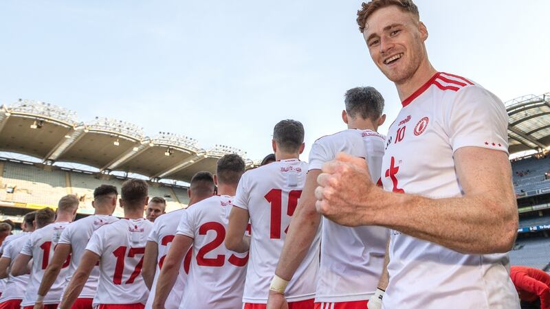 Conor Meyler celebrates Tyrone’s extra-time semi-final win over Kerry. Photograph: James Crombie/Inpho