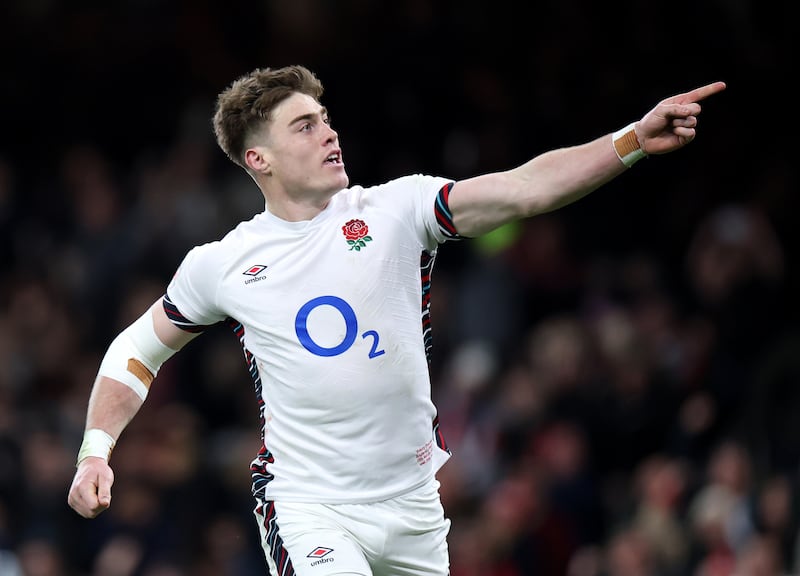 England's Tommy Freeman celebrates scoring his team's third try against Wales at Principality Stadium on March 15th, 2025 in Cardiff, Wales. Photograph: Michael Steele/Getty Images