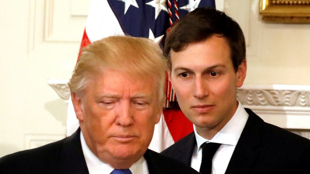 US president Donald Trump and his son-in-law and senior adviser, Jared Kushner. Amid a barrage of invitations to Trump associates  from Russians claiming connections to Vladimir Putin during the 2016 election, Kushner urged caution. Photograph: Kevin Lamarque/Reuters