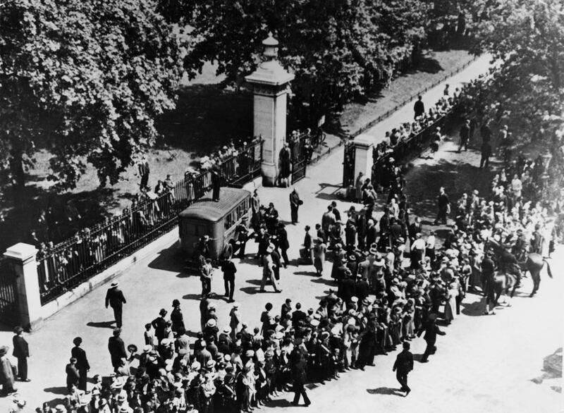 The scene on Constitution Hill, London, after an apparent assassination attempt on King Edward VIII  was foiled on  July 16th, 1936. The crowd had been waiting for the king’s procession to return to Buckingham Palace from a colours ceremony in Hyde Park, when Jerome Bannigan (alias George Andrew McMahon) produced a pistol. Photograph: Popperfoto via Getty Images
