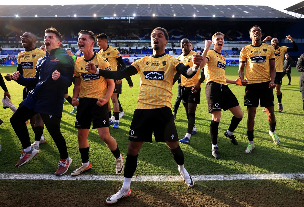 Liam Sole of Maidstone United celebrates victory following the FA Cup Fourth Round match between Ipswich Town and Maidstone United. Photograph: Stephen Pond/Getty Images