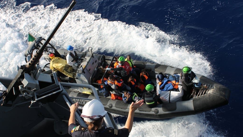 LÉ ‘Samuel Beckett’ during a rescue mission in the Mediterranean last September. For the Naval Service, not being part of the wider EU operation but working in the same theatre on tasks intimately connected to the EU mission has created limitations