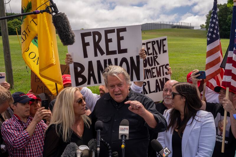 Steve Bannon speaks to reporters before turning himself in to the Federal Correctional Institution in July 2024. Photograph: Adam Gray/The New York Times