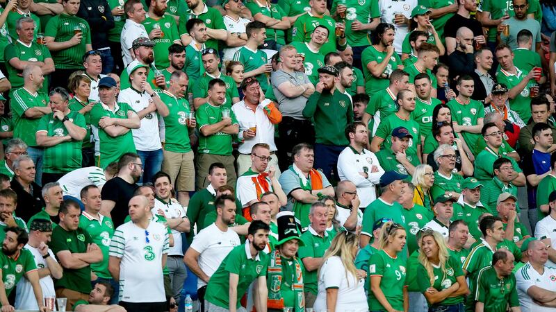Ireland fans drink pints in the stands in Georgia during last year’s Euro 2020 qualifying draw. At the Aviva, fans at football matches are not allowed drink in the stands. Photo: Tommy Dickson/Inpho