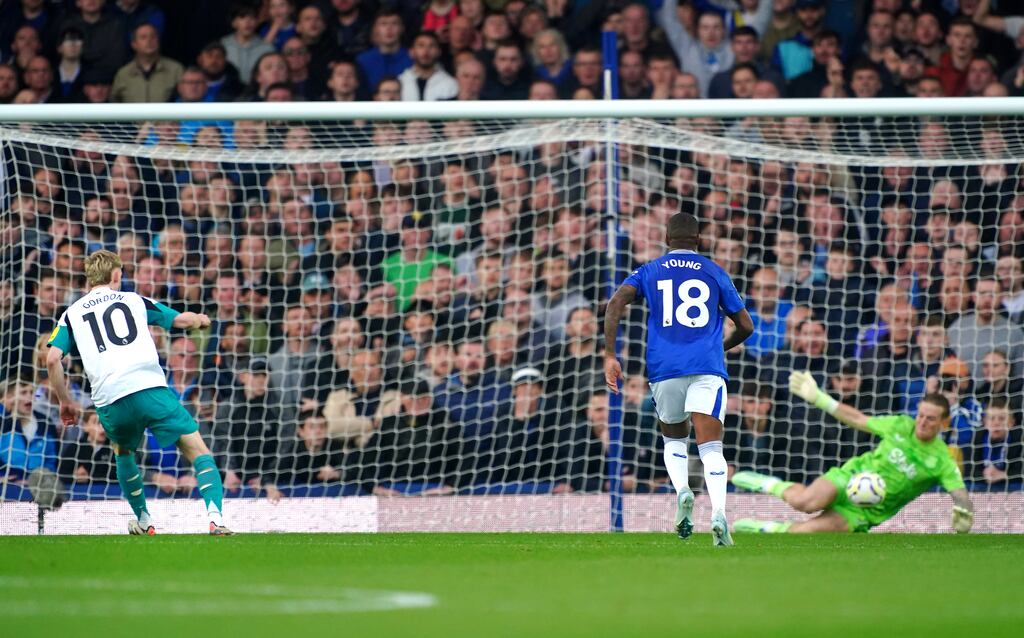 Everton goalkeeper Jordan Pickford saves a penalty by Newcastle's Anthony Gordon. Photograph: Peter Byrne/PA