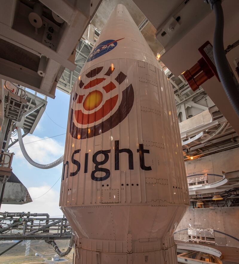 The United Launch Alliance (ULA) Atlas-V rocket is seen with NASA’s InSight spacecraft onboard at Vandenberg Air Force Base in California on Thursday. Photograph: Bill Ingalls/Nasa/Reuters