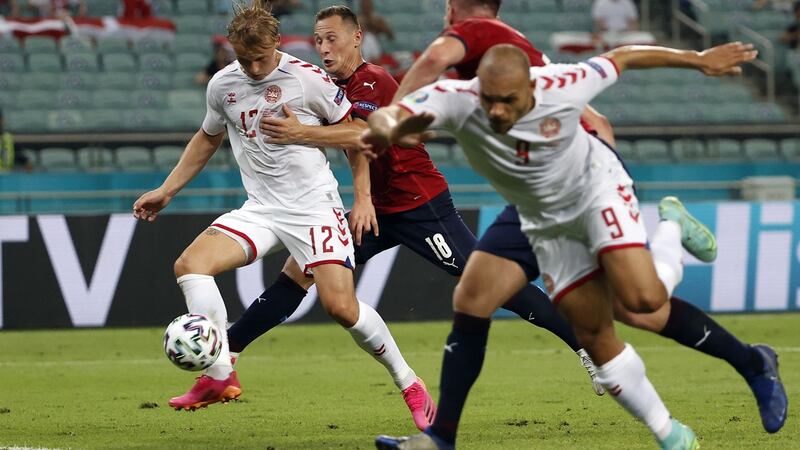Denmark’s  Kasper Dolberg scores their second goal during the game against the Czech Republic in Baku. Photograph: Valentin Ogirenko/EPA
