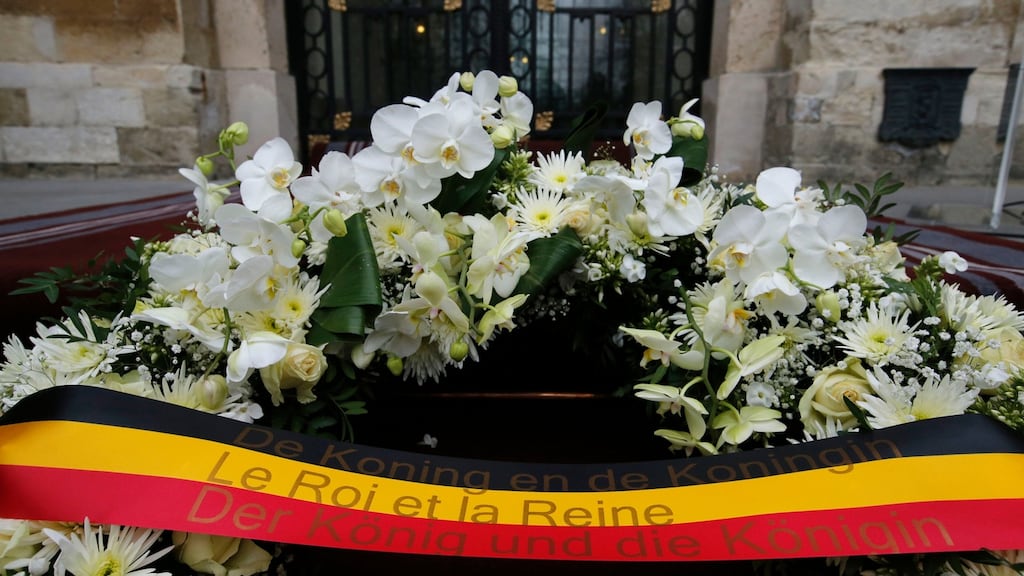 The wreath laid by Belgium’s King Philippe is seen on grounds of the parliament building in Brussels following Tuesday’s attacks. Photograph: Alastair Grant/AP Photo