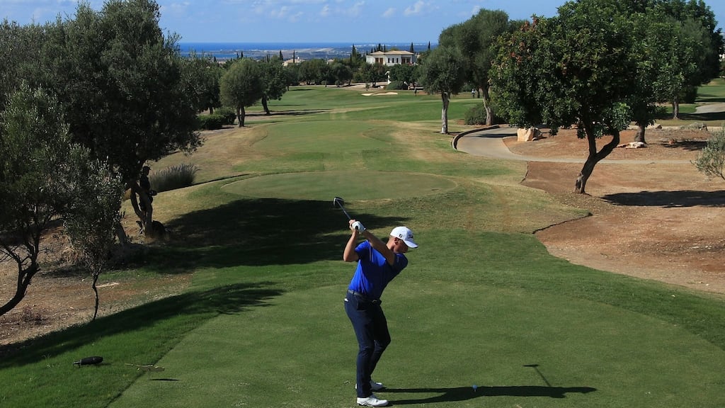 Jamie Donaldson of Wales tees off on the fourth hole during the third round of the Aphrodite Hills Cyprus Open at Aphrodite Hills Resort in Paphos, Cyprus. Photo: Andrew Redington/Getty Images