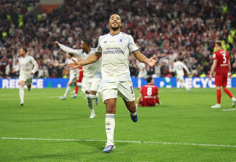 Youri Tielemans celebrates scoring Aston Villa's opening goal. Photograph: Stu Forster/Getty Images