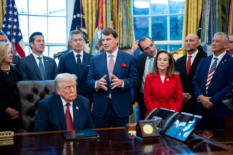 Jim Farley (centre), the chief executive of Ford, speaks during US president Donald Trump’s Oval Office event regarding plans to significantly weaken fuel efficiency requirements for new cars and trucks. Photograph: Doug Mills/The New York Times