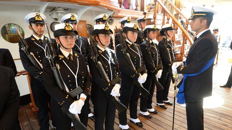 A guard of honour on the training ship Amerigo Vespucci which has docked in Dublin. Photograph: Dara Mac Dónaill