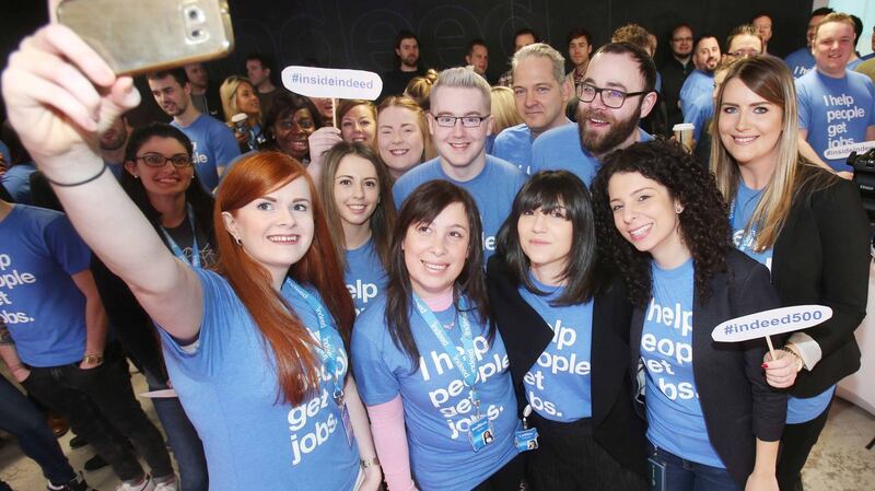 Staff take a selfie at the Indeed EMEA headquarters  in Dublin after it announced plans to expand.  Photograph: RollingNews.ie