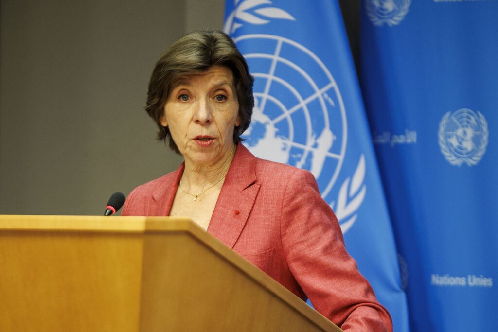 Catherine Colonna, chair of the independent review into Unrwa, briefs the press at United Nations headquarters in New York on Monday. Photograph: Sarah Yenesel/EPA